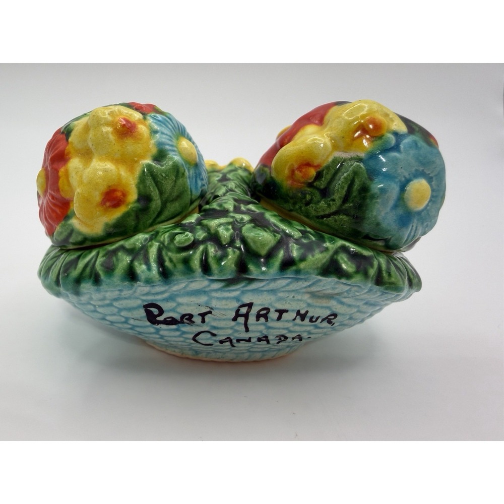 Vintage Salt & Pepper Shakers Ceramic Flowers In Basket Turquoise Yellow Red - Picture 8 of 10